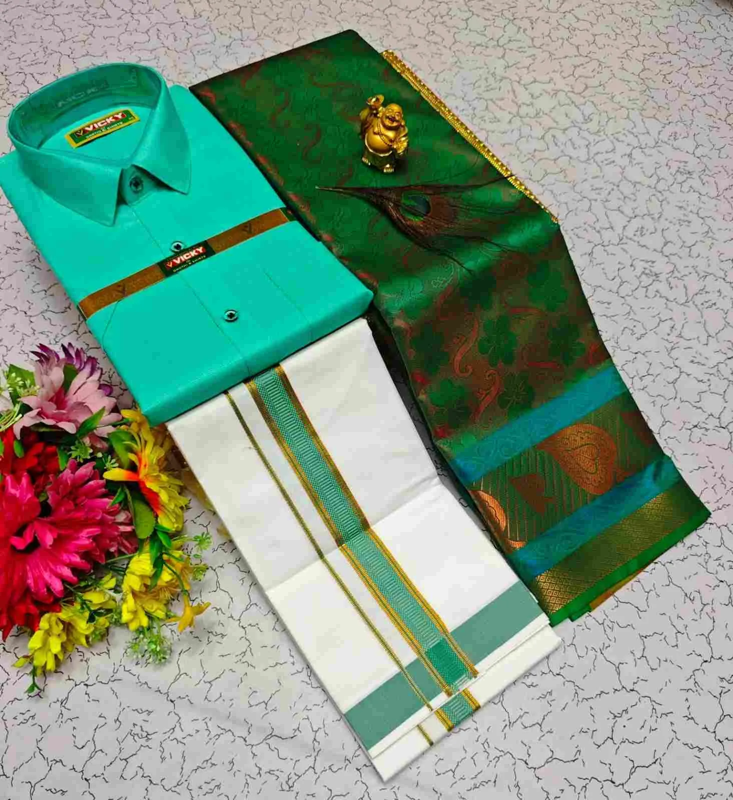 Royal Emerald Teal Contrast Kubera Silk Couple Combo